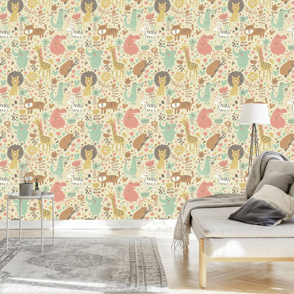 Wallpaper For Children. Safari. Elephants. Lions. Zebra. Plants
