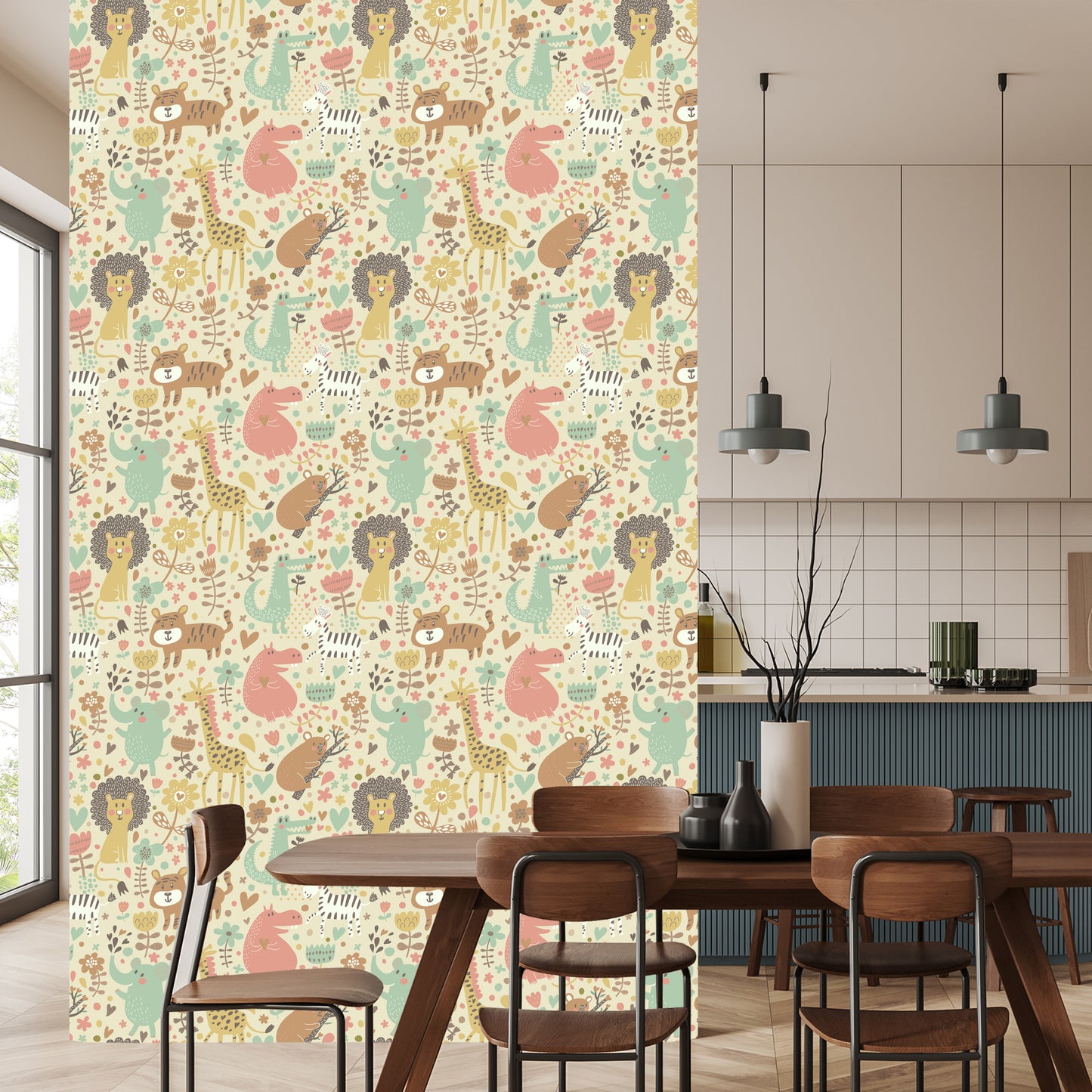 Wallpaper For Children. Safari. Elephants. Lions. Zebra. Plants