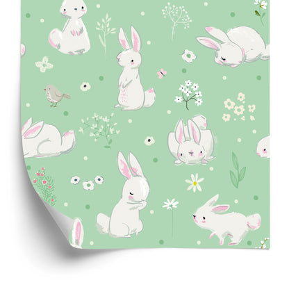 Wallpaper For Children. Bunnies. Flowers. Fairy-Tale Decoration