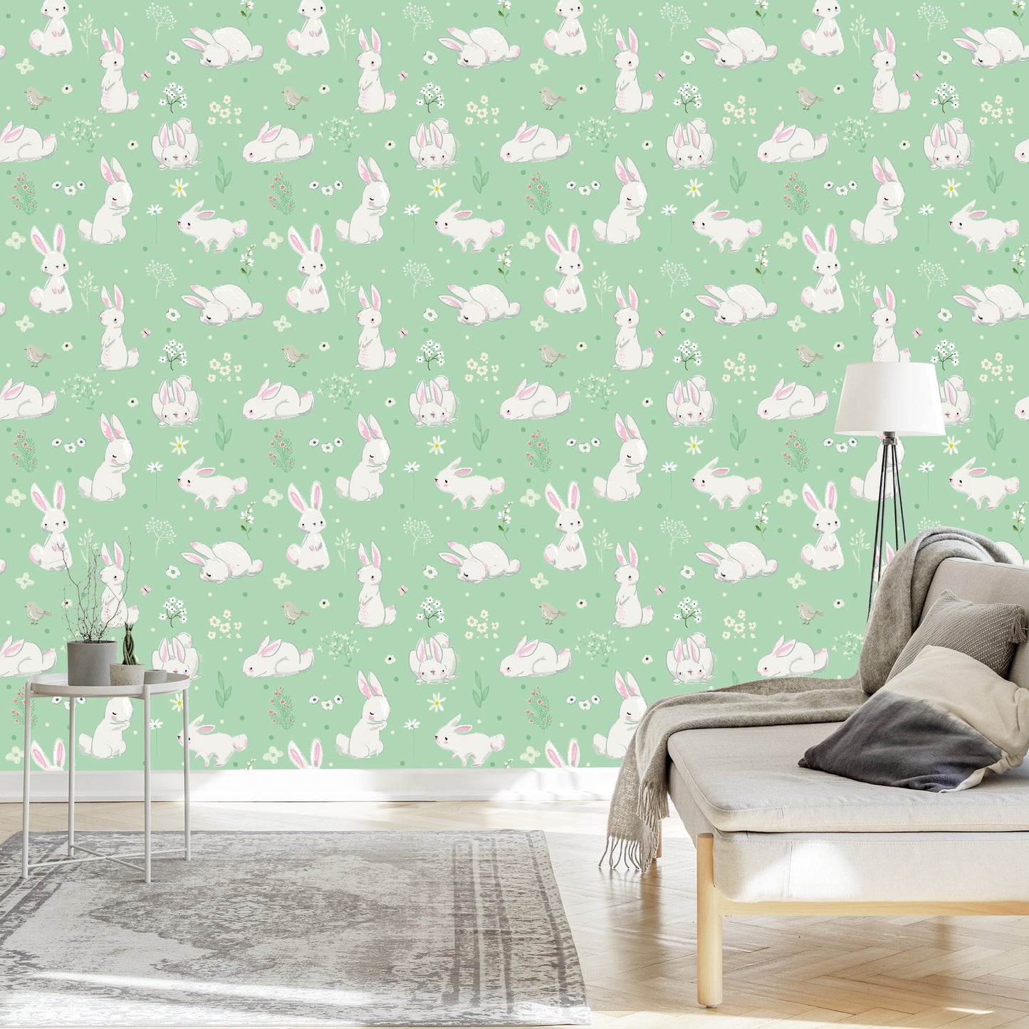 Wallpaper For Children. Bunnies. Flowers. Fairy-Tale Decoration