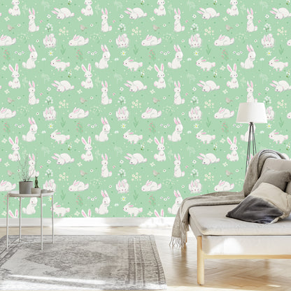 Wallpaper For Children. Bunnies. Flowers. Fairy-Tale Decoration