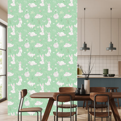 Wallpaper For Children. Bunnies. Flowers. Fairy-Tale Decoration