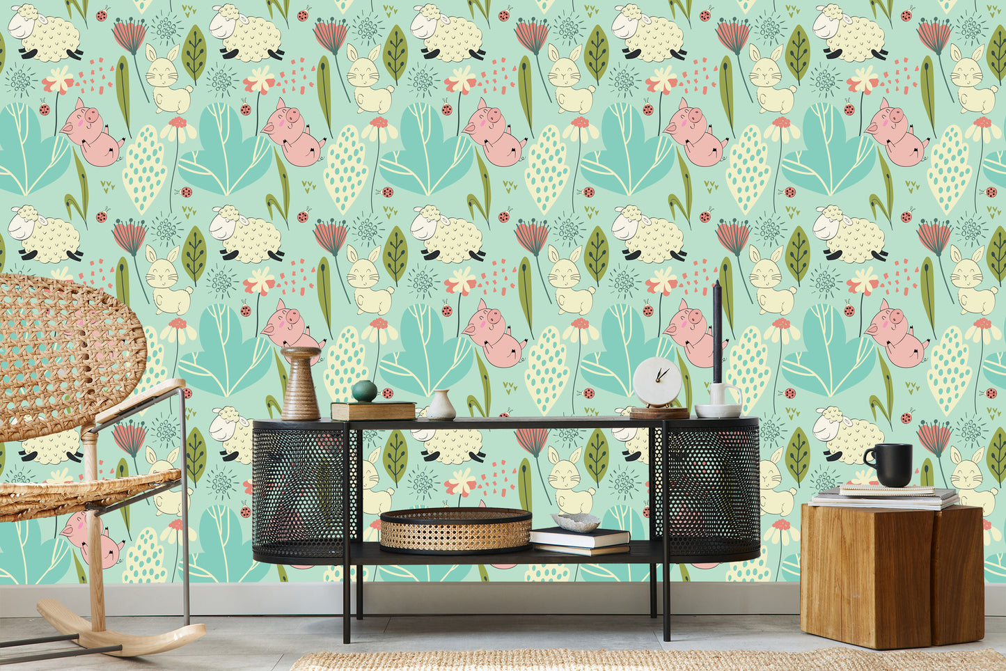 Wallpaper For Children - Funny Sheep, Bunny And Pigs