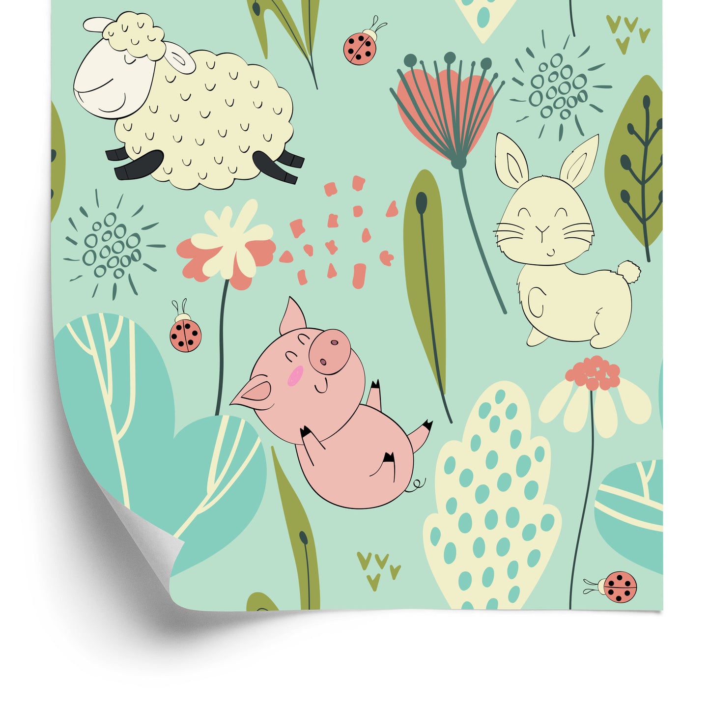 Wallpaper For Children - Funny Sheep, Bunny And Pigs