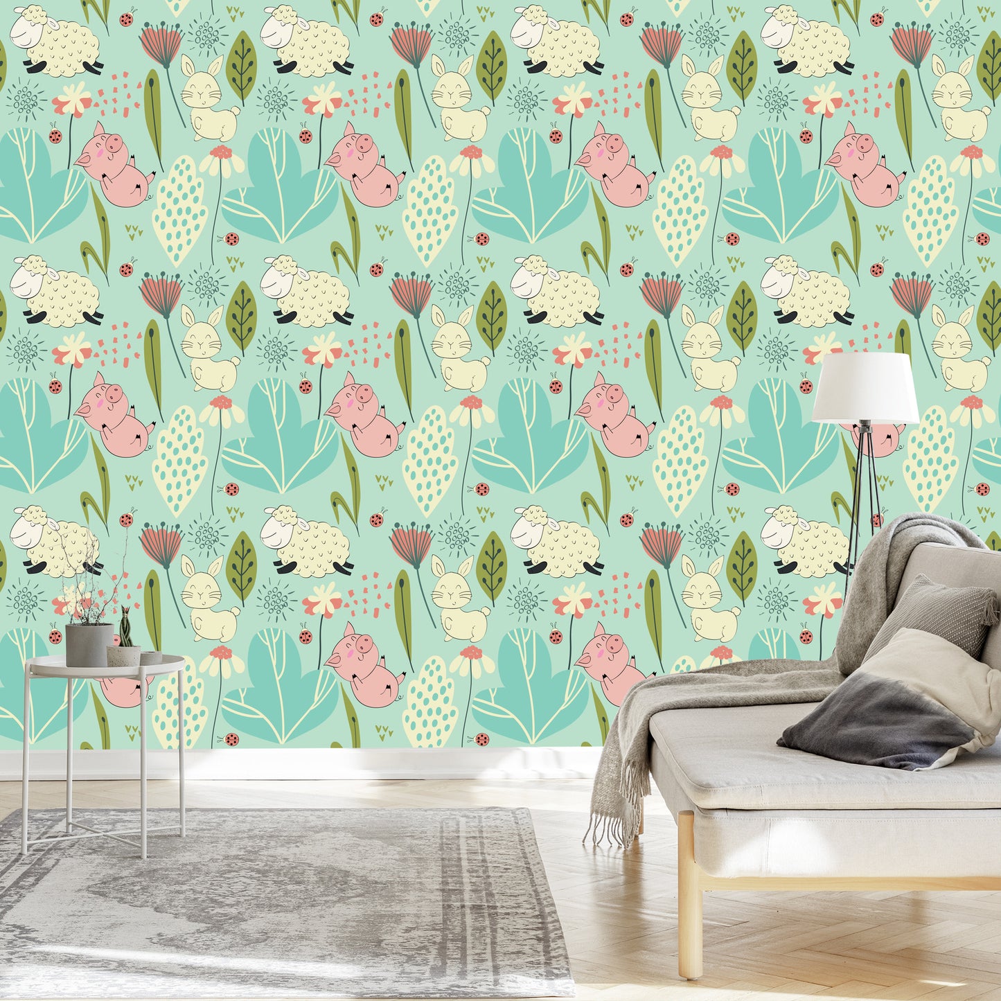 Wallpaper For Children - Funny Sheep, Bunny And Pigs