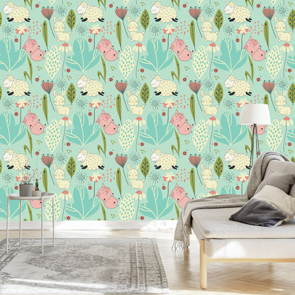 Wallpaper For Children - Funny Sheep, Bunny And Pigs