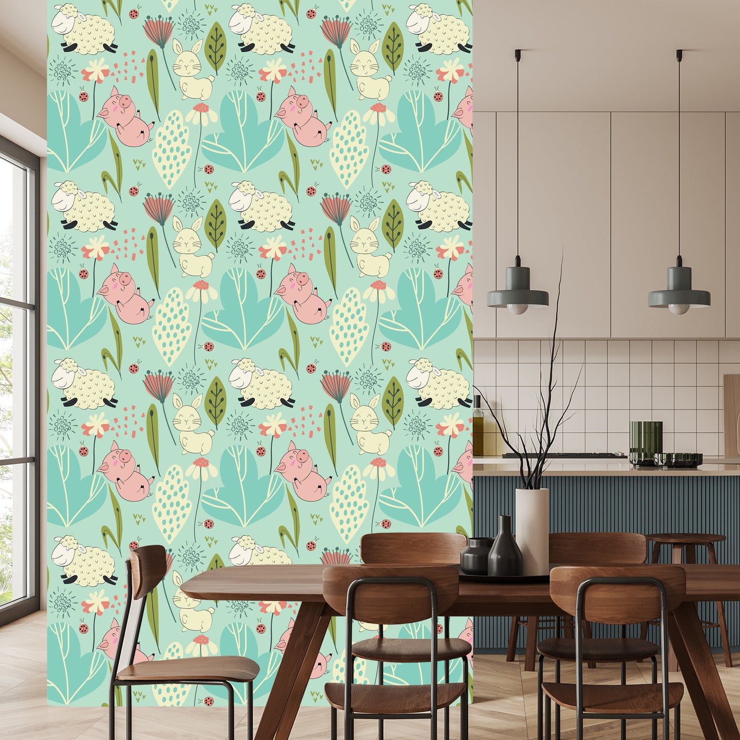 Wallpaper For Children - Funny Sheep, Bunny And Pigs