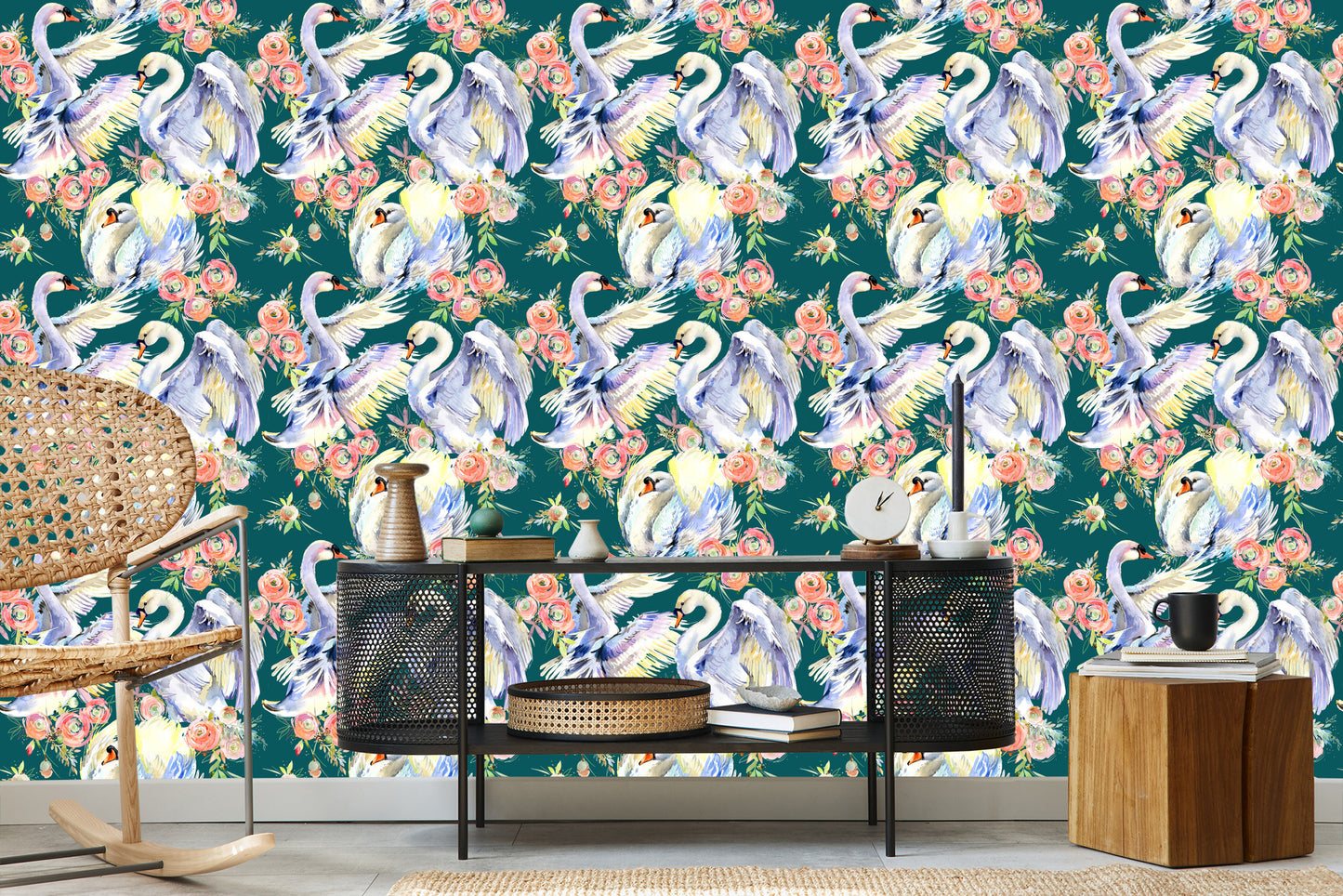 Wallpaper Swans And Flowers