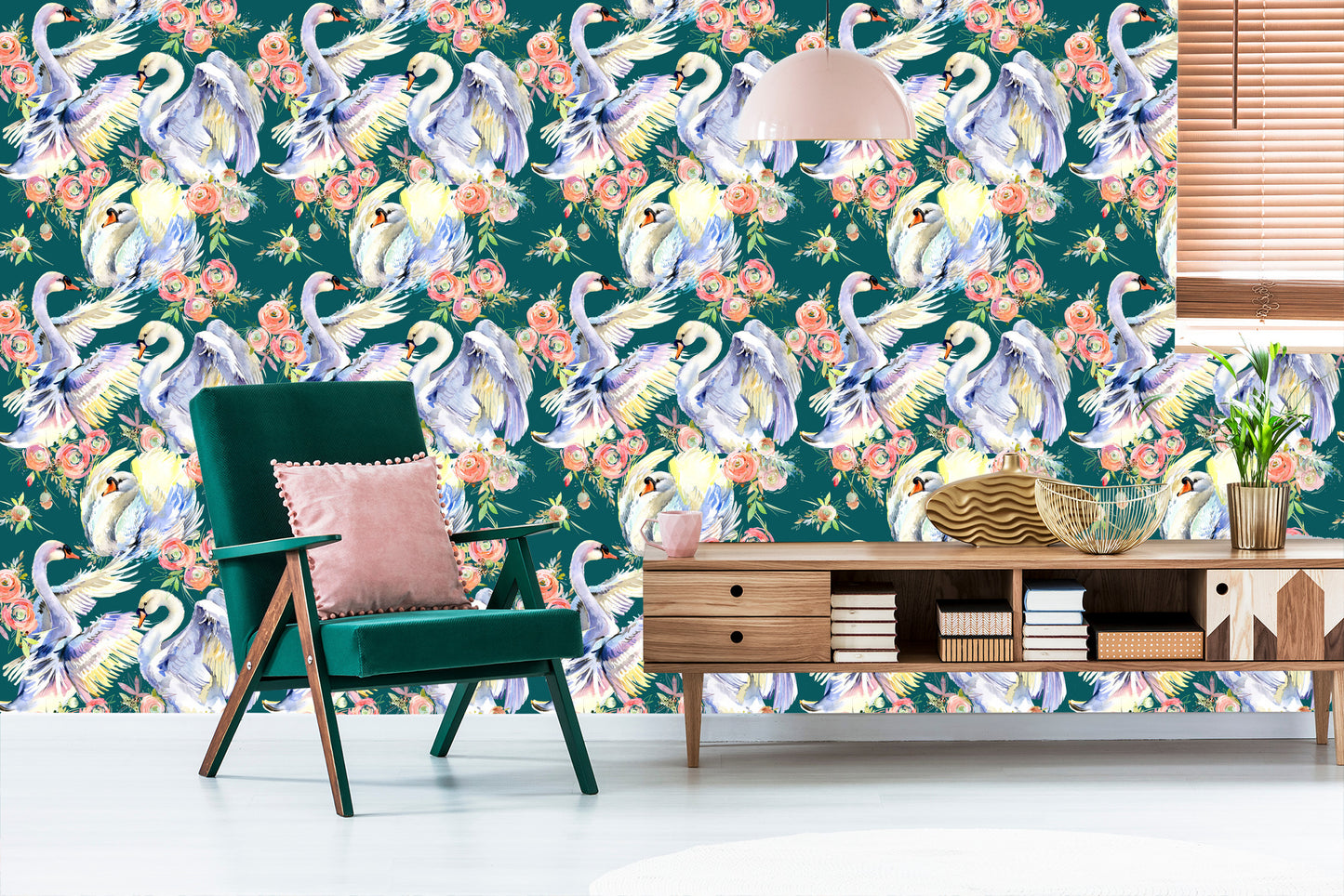 Wallpaper Swans And Flowers