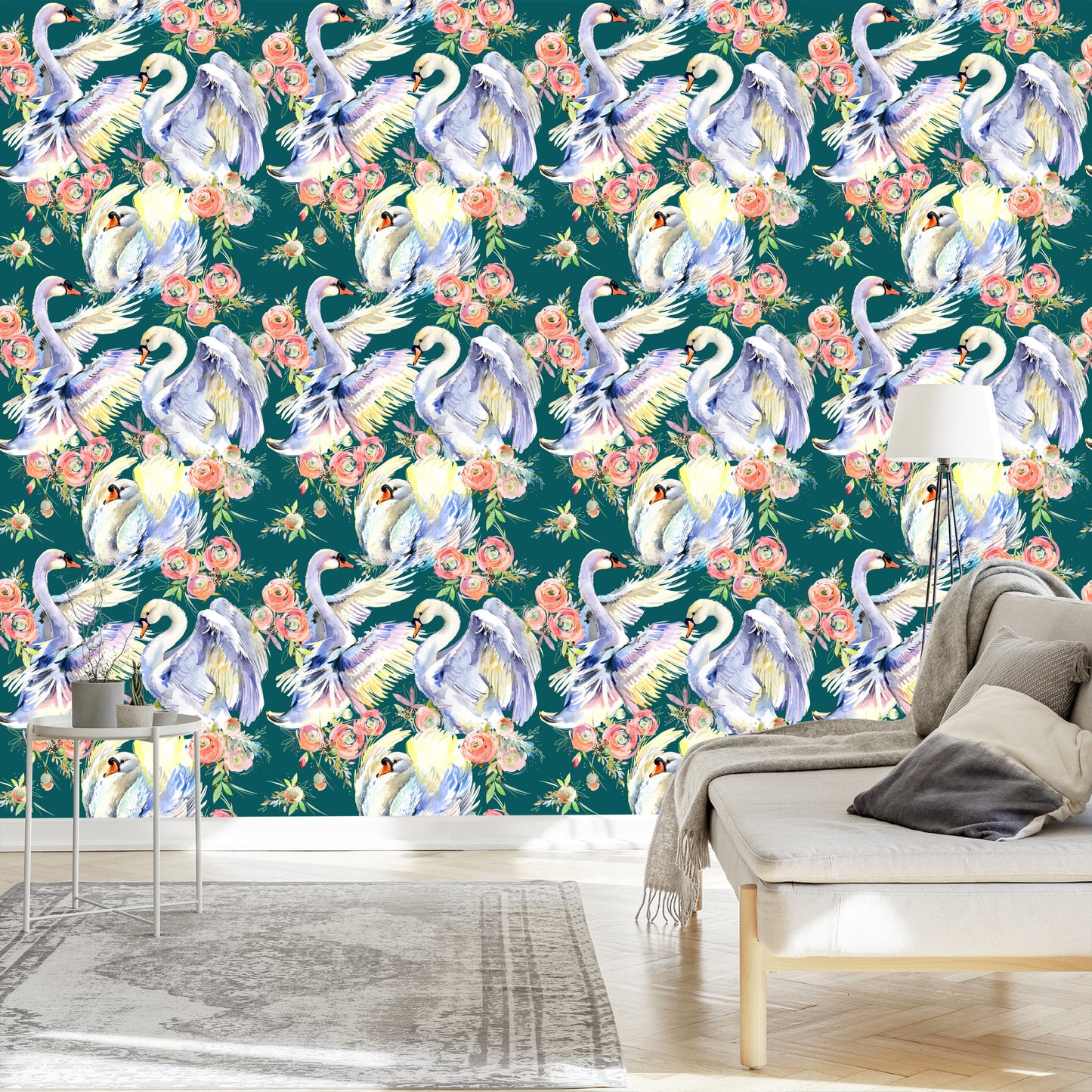 Wallpaper Swans And Flowers