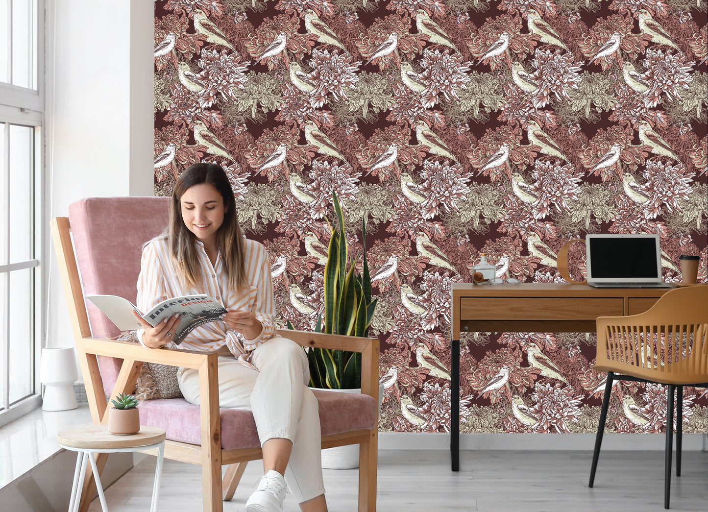 Wallpaper Birds Among Flowers