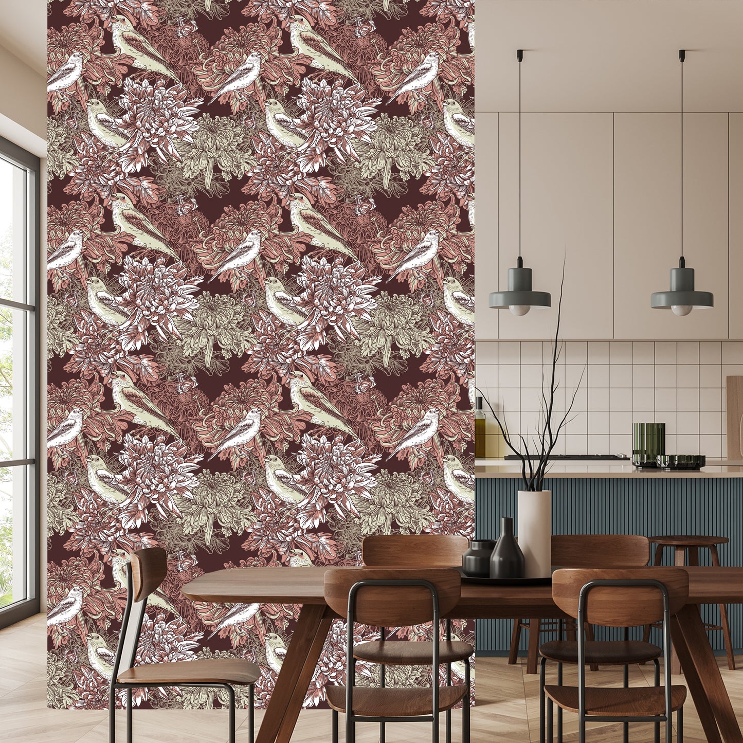 Wallpaper Birds Among Flowers
