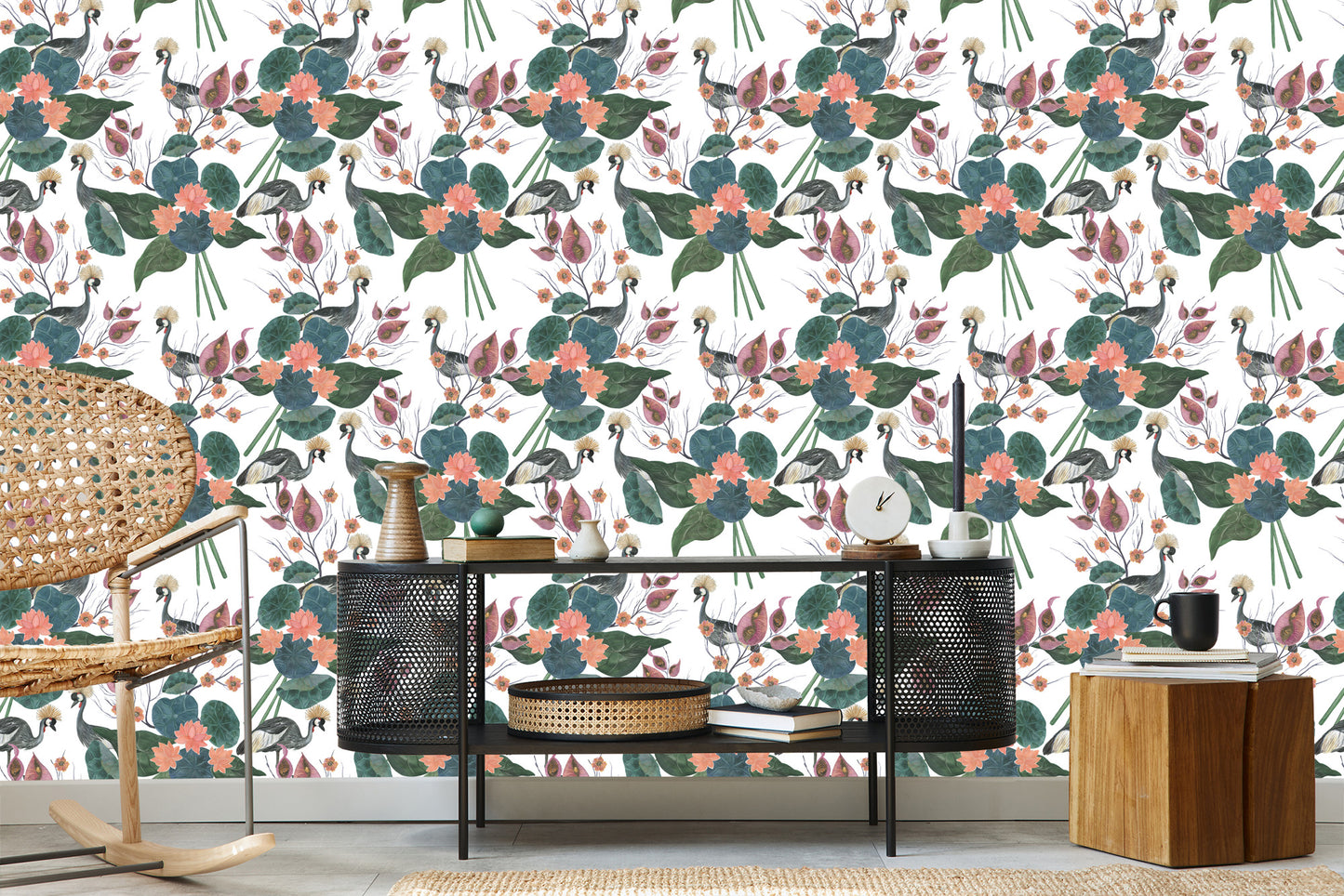 Wallpaper Cranes Among Flowers