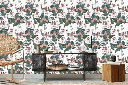 Wallpaper Cranes Among Flowers