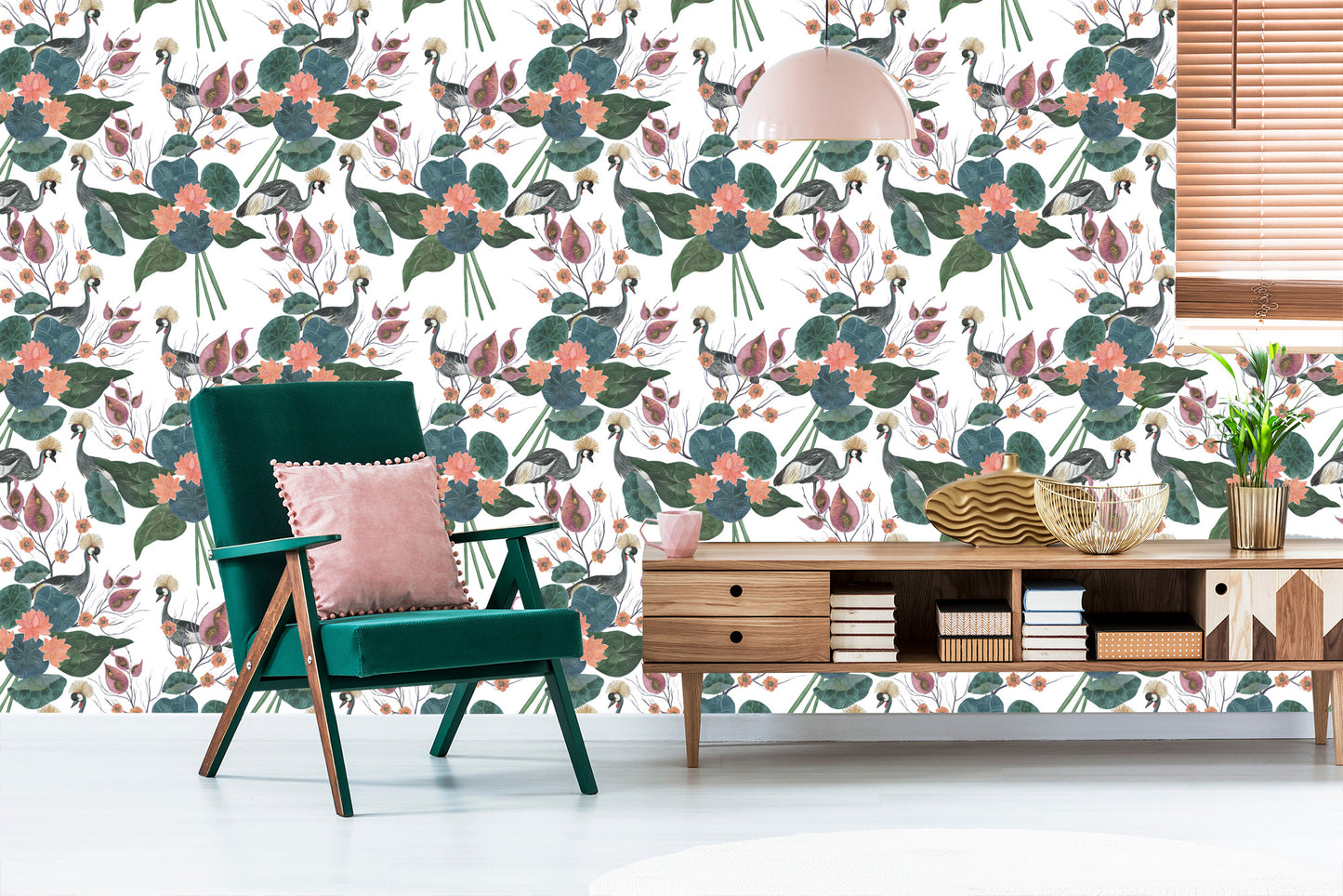 Wallpaper Cranes Among Flowers