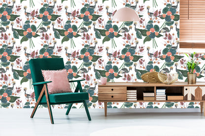 Wallpaper Cranes Among Flowers