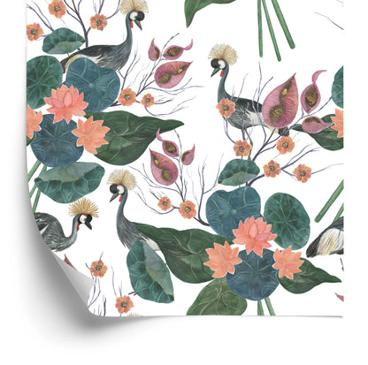 Wallpaper Cranes Among Flowers