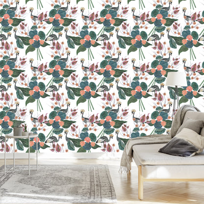 Wallpaper Cranes Among Flowers