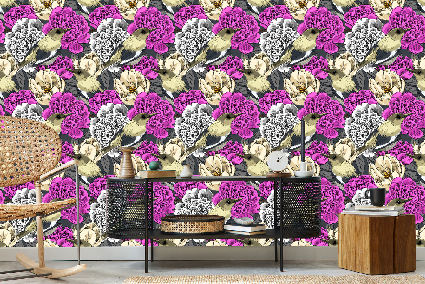 Wallpaper Birds And Colorful Flowers