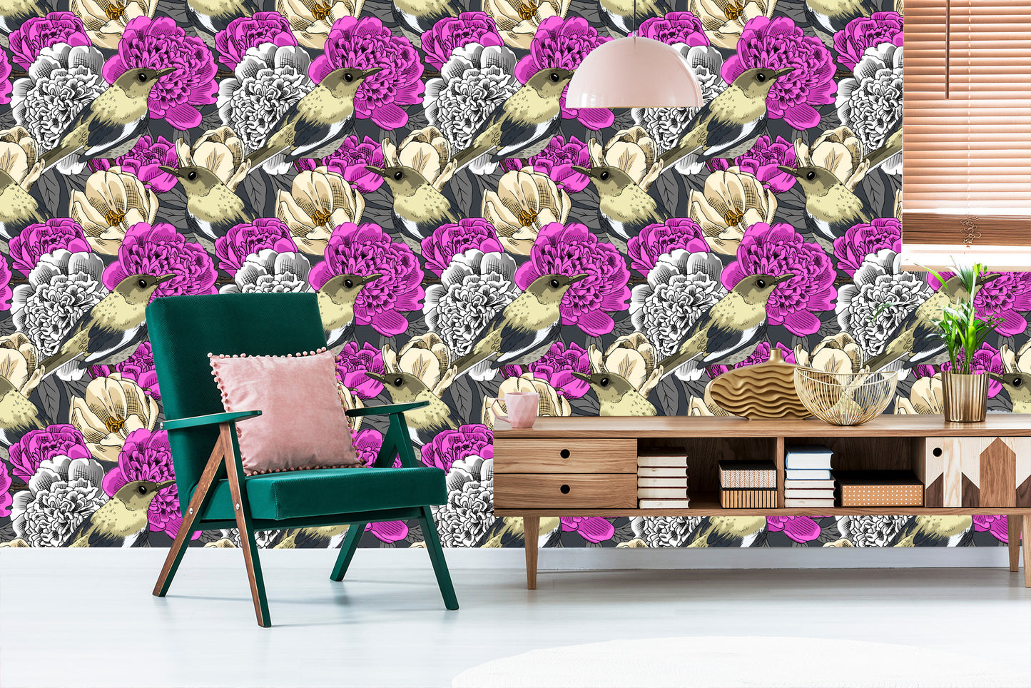 Wallpaper Birds And Colorful Flowers