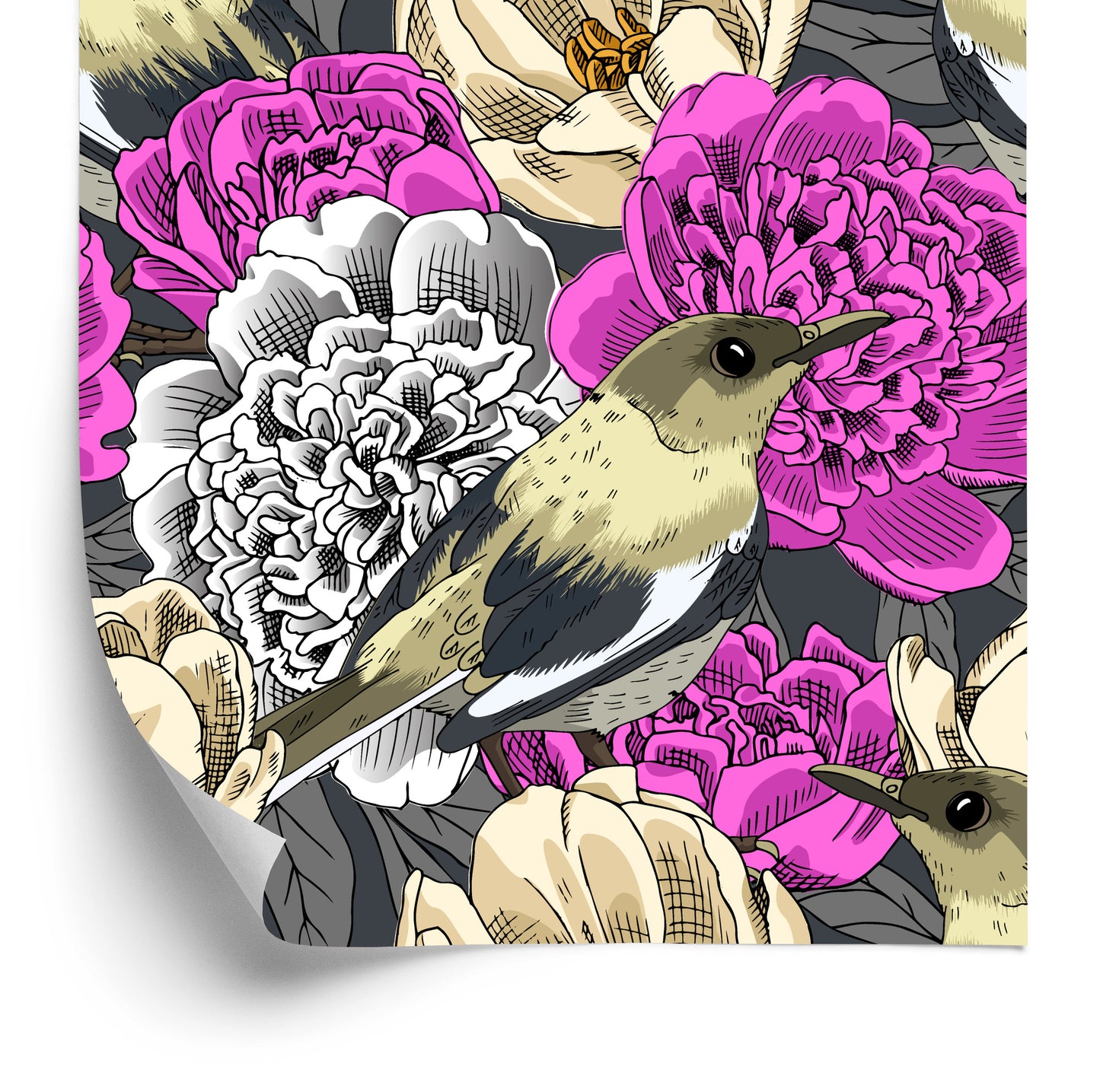 Wallpaper Birds And Colorful Flowers