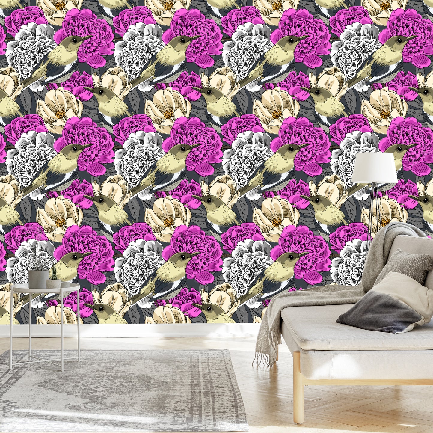 Wallpaper Birds And Colorful Flowers
