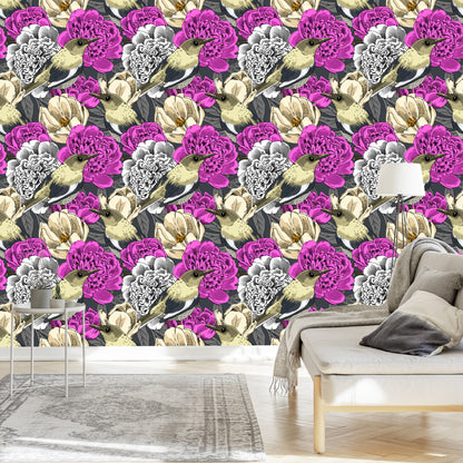 Wallpaper Birds And Colorful Flowers