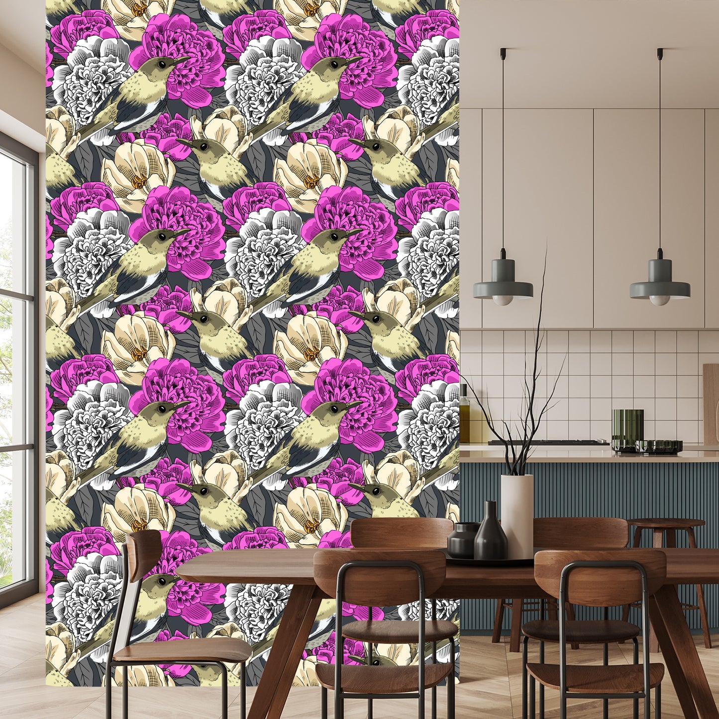 Wallpaper Birds And Colorful Flowers