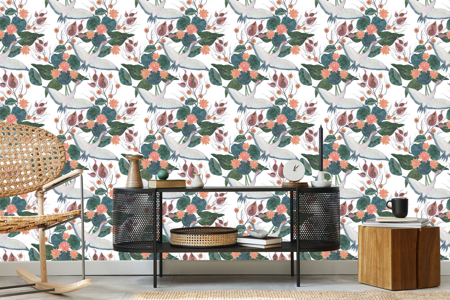 Wallpaper Flying Cranes And Flowers