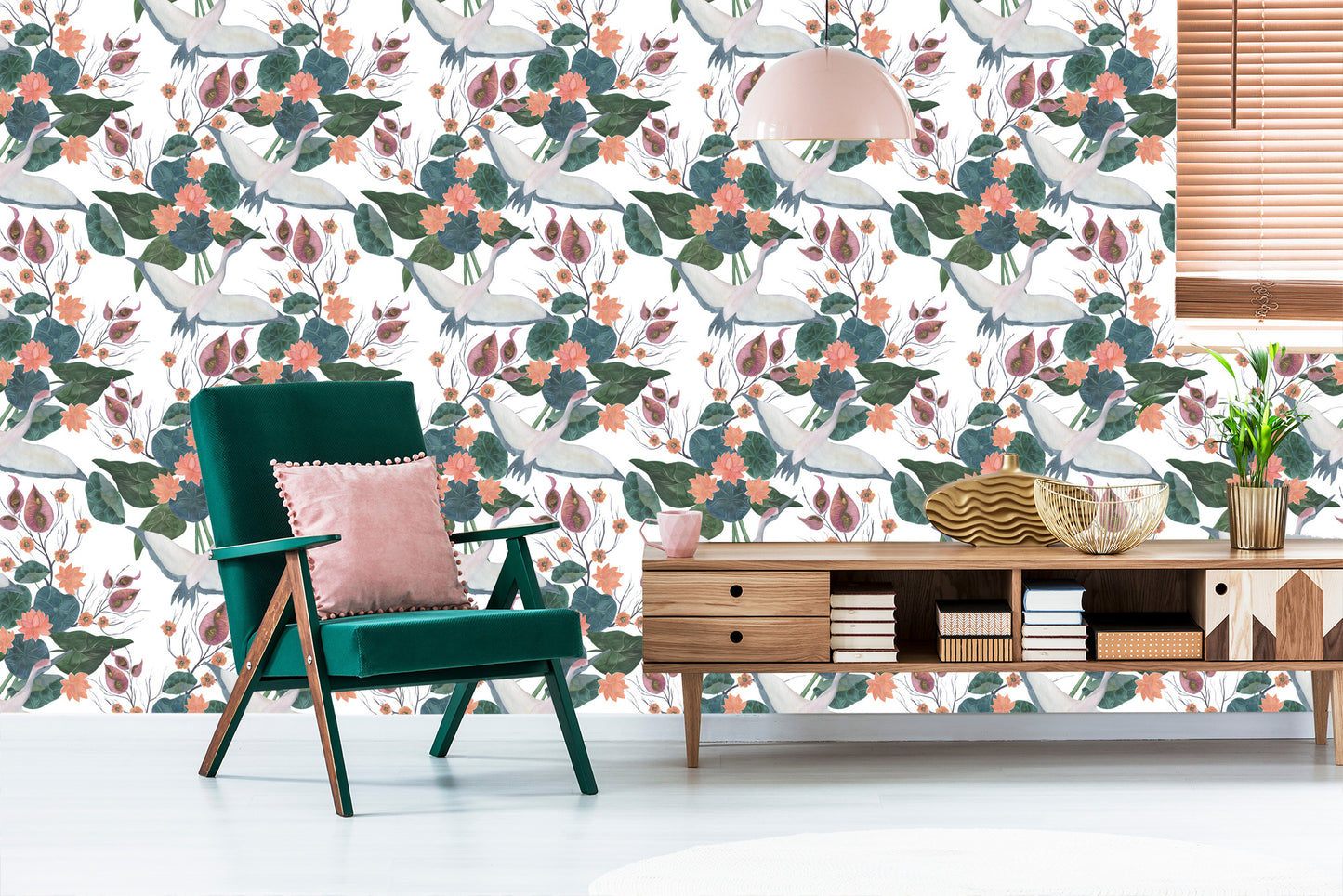 Wallpaper Flying Cranes And Flowers