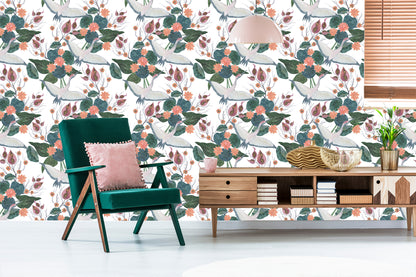 Wallpaper Flying Cranes And Flowers