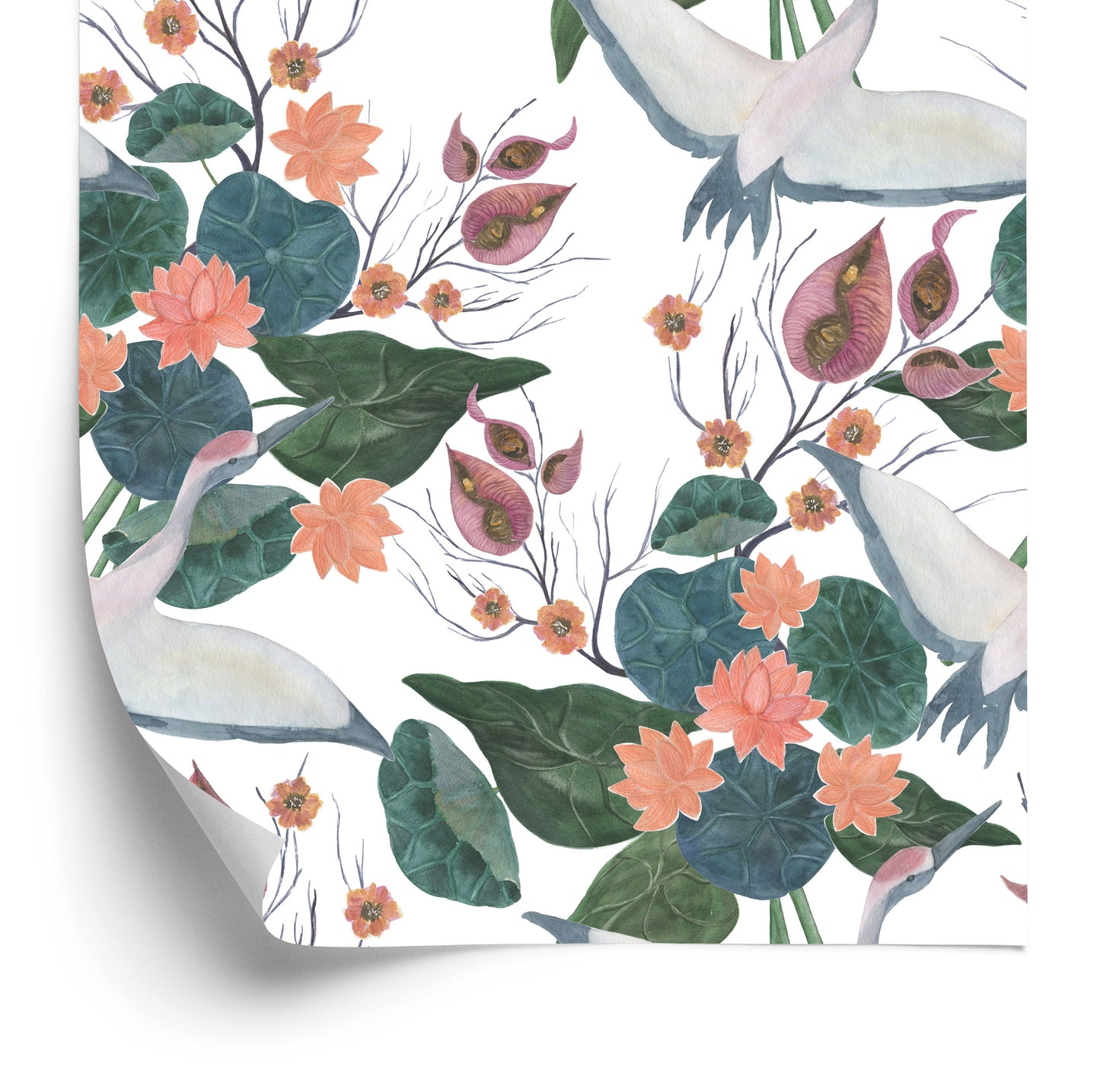 Wallpaper Flying Cranes And Flowers