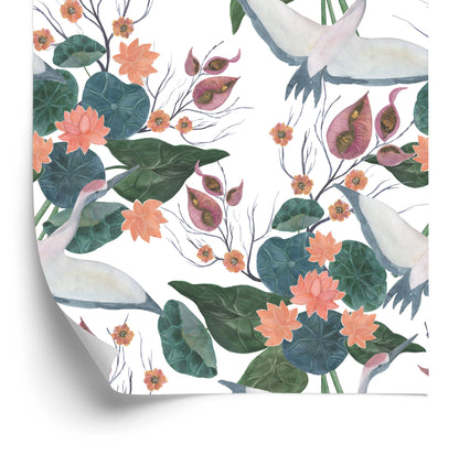 Wallpaper Flying Cranes And Flowers