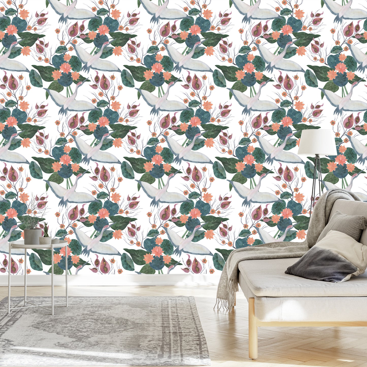 Wallpaper Flying Cranes And Flowers