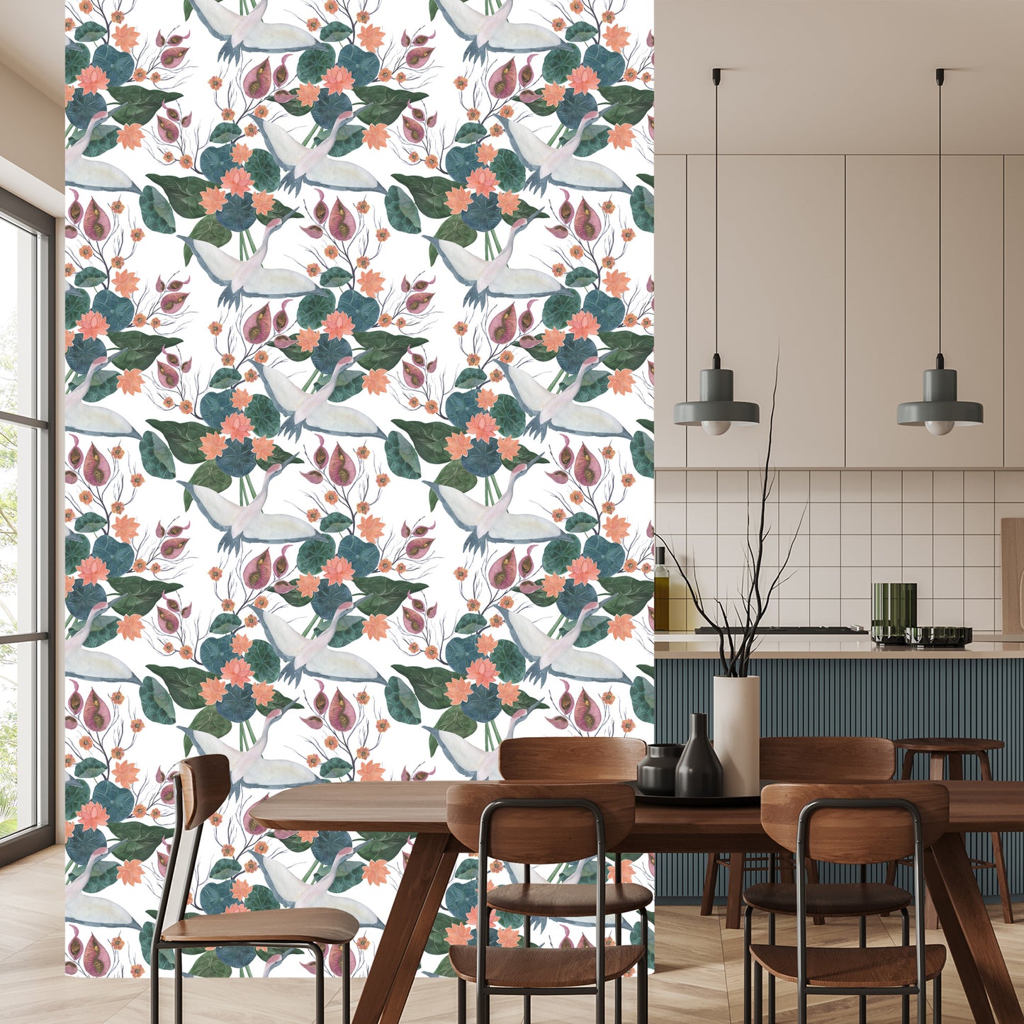 Wallpaper Flying Cranes And Flowers