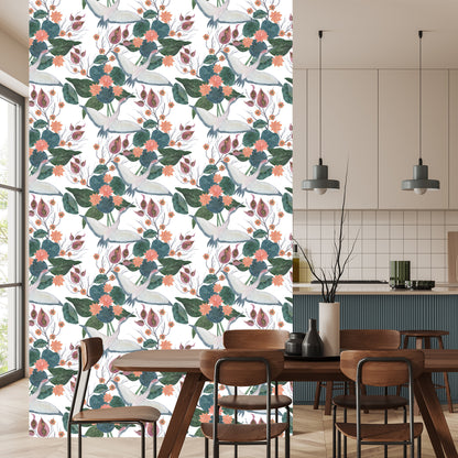 Wallpaper Flying Cranes And Flowers