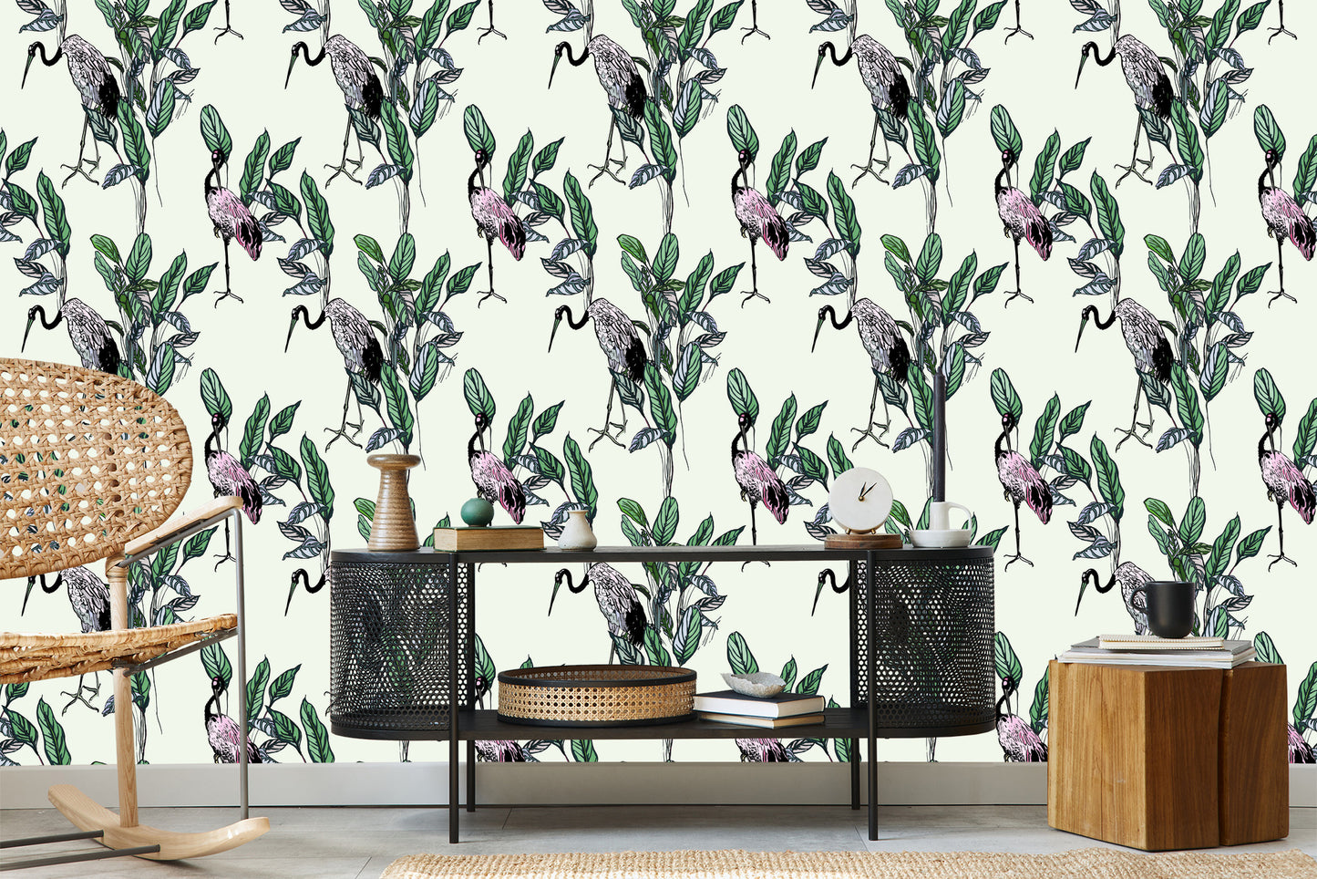Wallpaper Cranes And Leaves