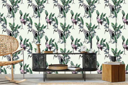 Wallpaper Cranes And Leaves