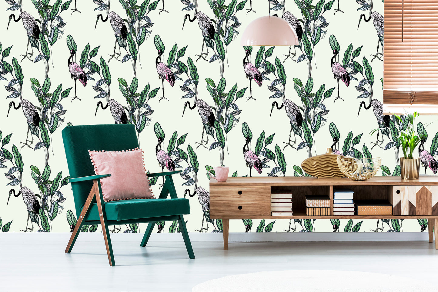 Wallpaper Cranes And Leaves