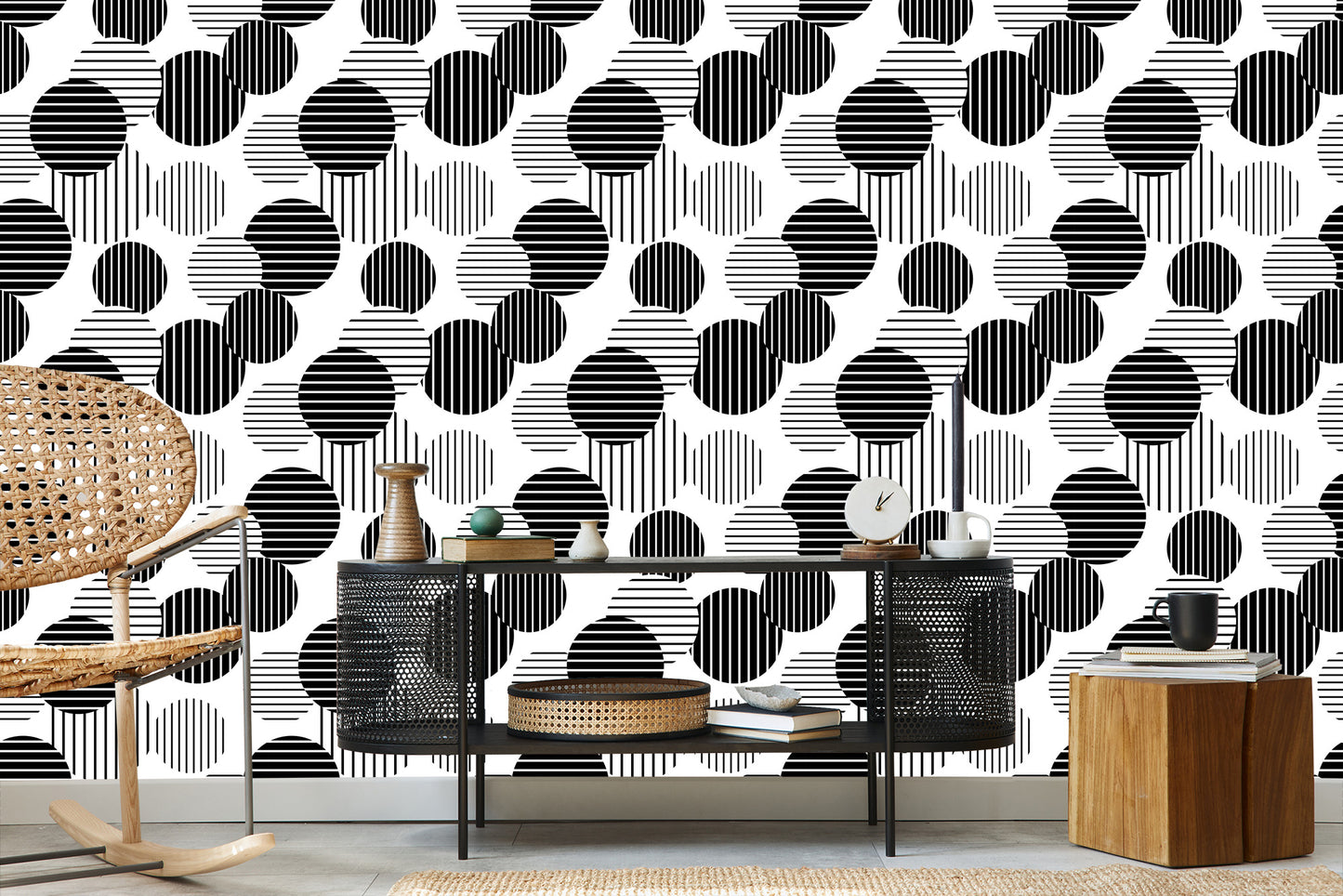 Wallpaper Black And White Large Striped Dots