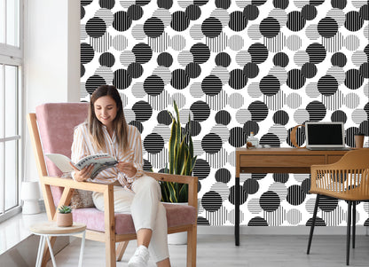 Wallpaper Black And White Large Striped Dots