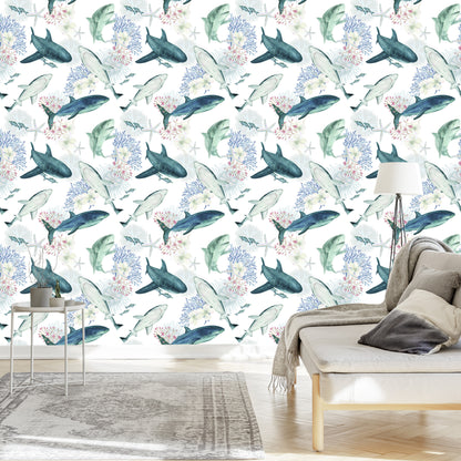 Wallpaper Sharks On Coral Reef Background