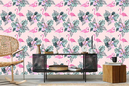 Wallpaper Flamingos And Leaves
