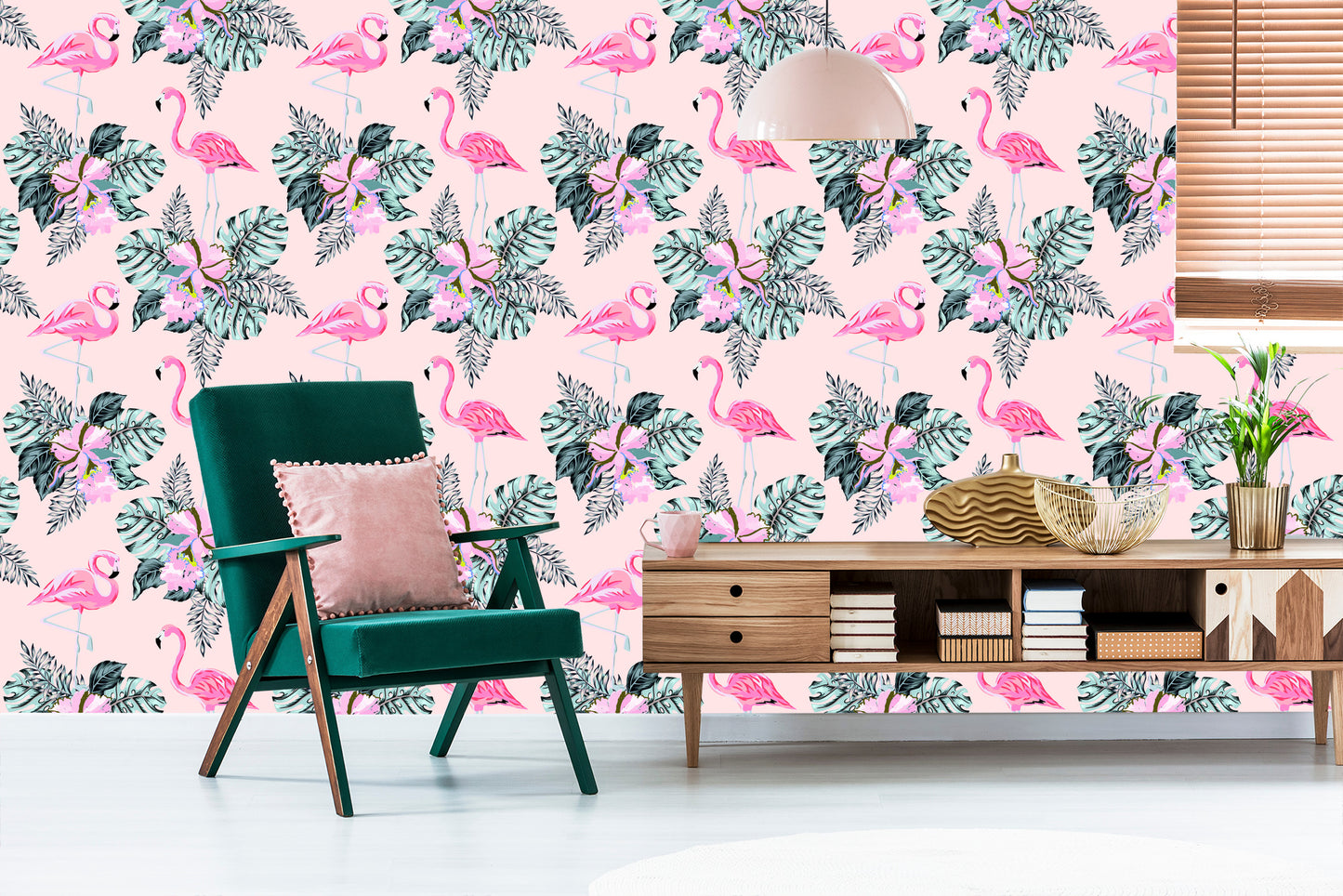 Wallpaper Flamingos And Leaves