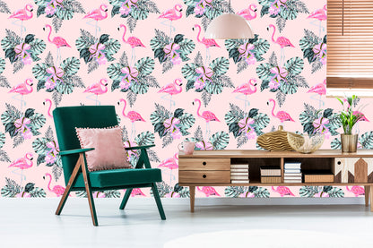 Wallpaper Flamingos And Leaves