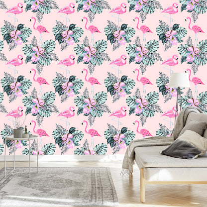 Wallpaper Flamingos And Leaves
