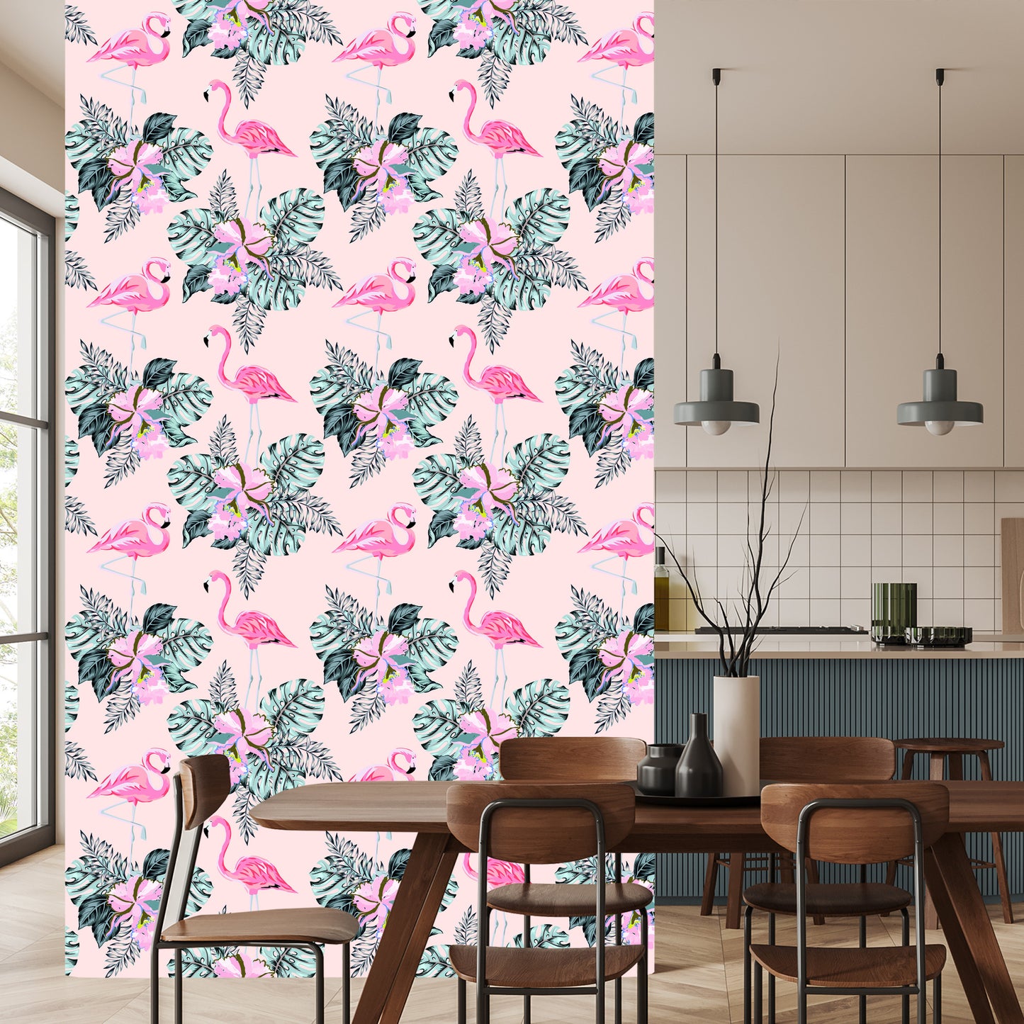 Wallpaper Flamingos And Leaves