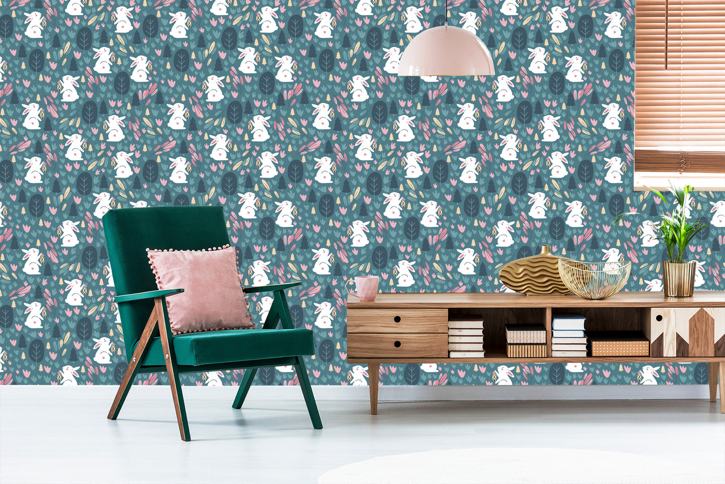 Wallpaper Rabbits On Green Background