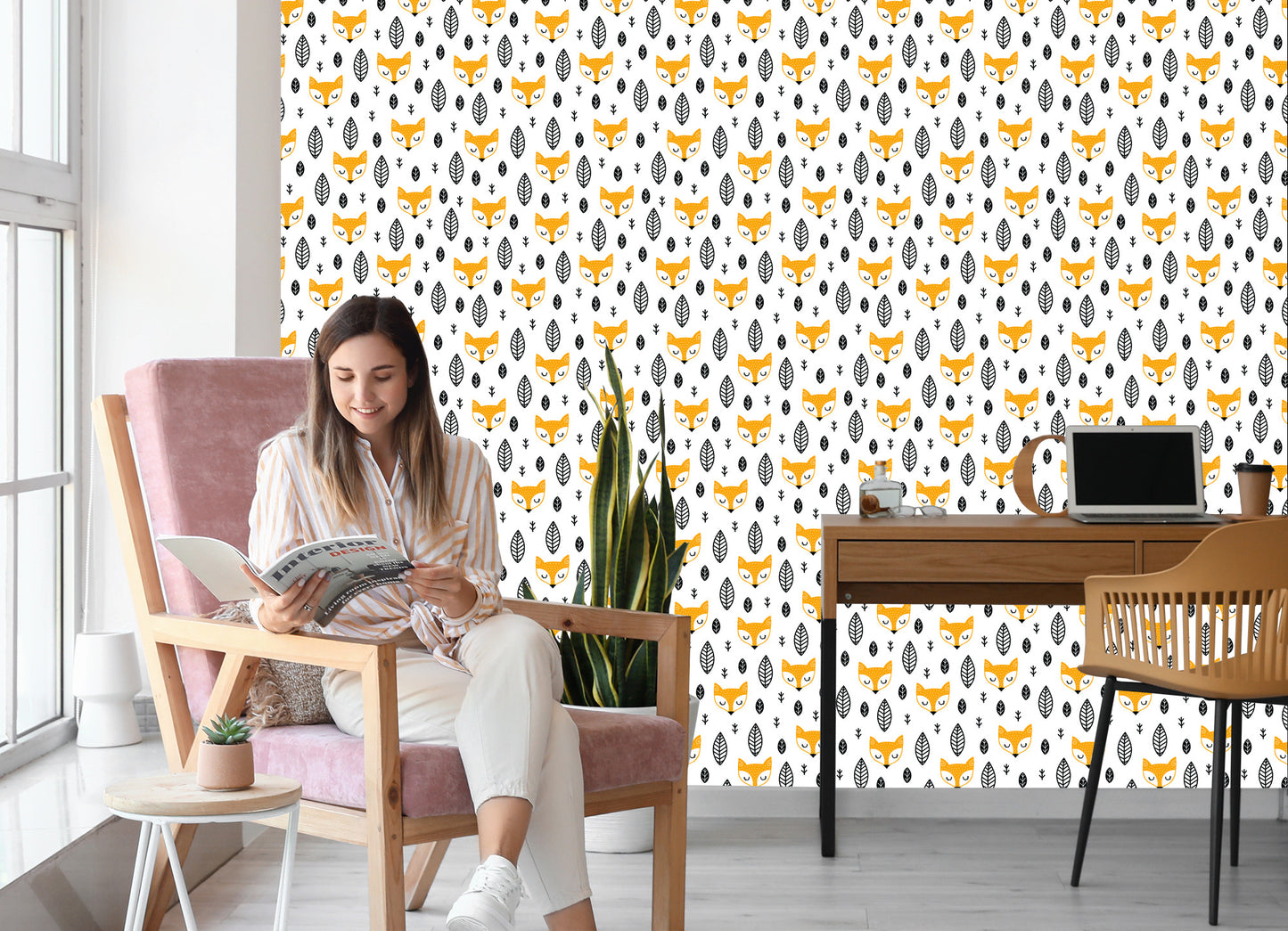 Wallpaper Sleeping Foxes And Black And White Leaves