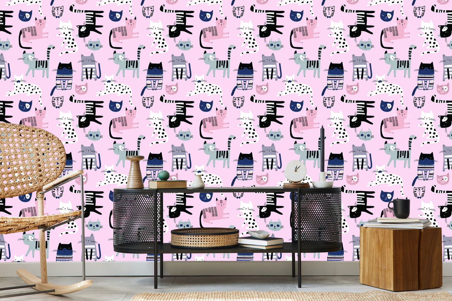Wallpaper Colorful Cats On Pink Background